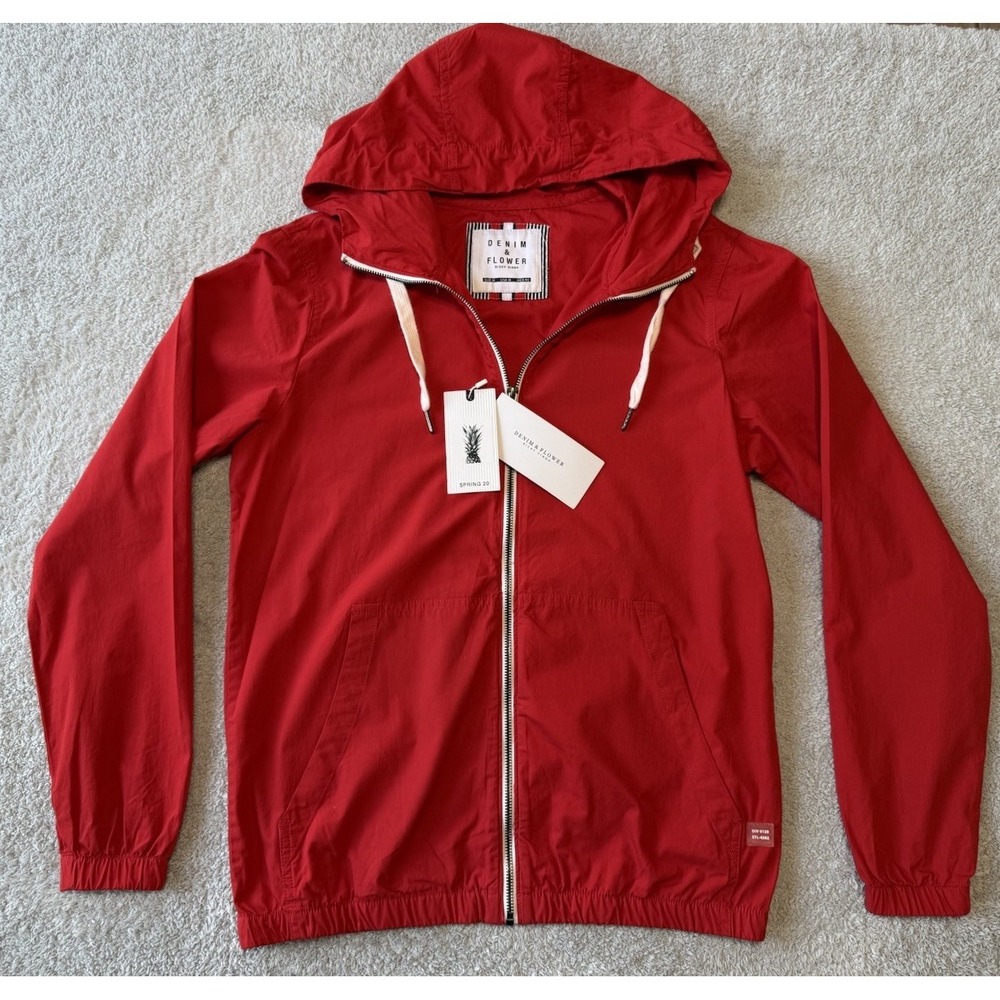 NWT Denim & Flower Red Full Zip Light Weight Hooded Rain Jacket Women's Medium